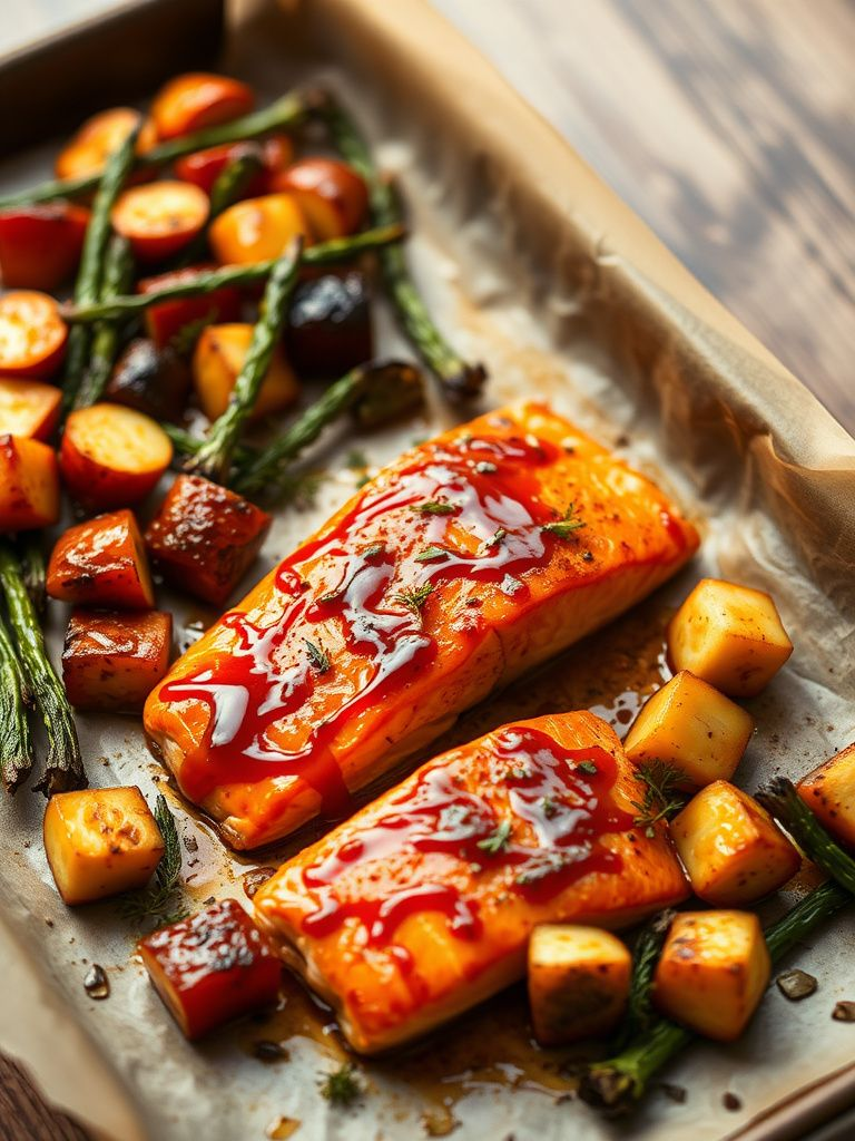 Glazed salmon fillets with roasted vegetables on a parchment-lined baking sheet