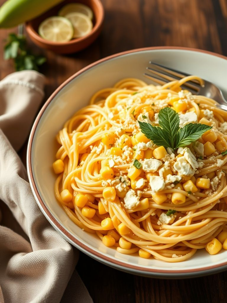 Creamy pasta with corn, lime, and cotija cheese in a large serving bowl