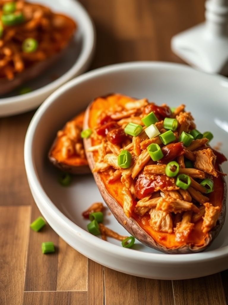 Baked sweet potatoes topped with shredded BBQ chicken and green onions