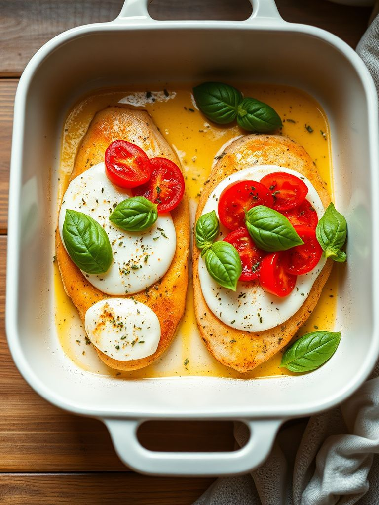 Baked chicken breasts topped with mozzarella, tomatoes, and fresh basil in a white baking dish
