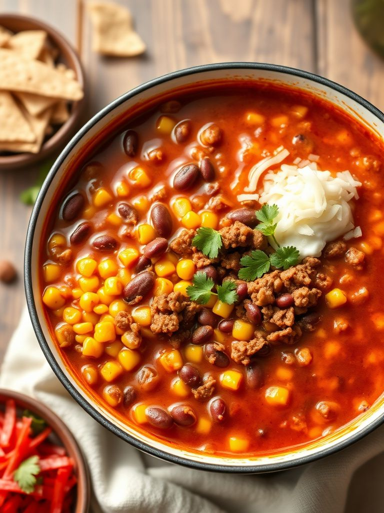 Hearty taco soup with beans, corn, and ground beef in a large pot with toppings on the side