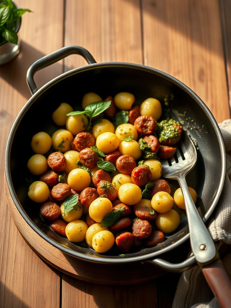 Pan-fried gnocchi with Italian sausage and pesto in a large skillet
