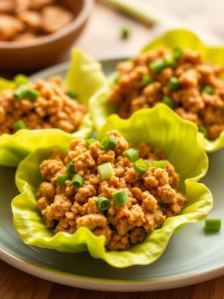 Ground turkey mixture served in butter lettuce cups with chopped green onions on top