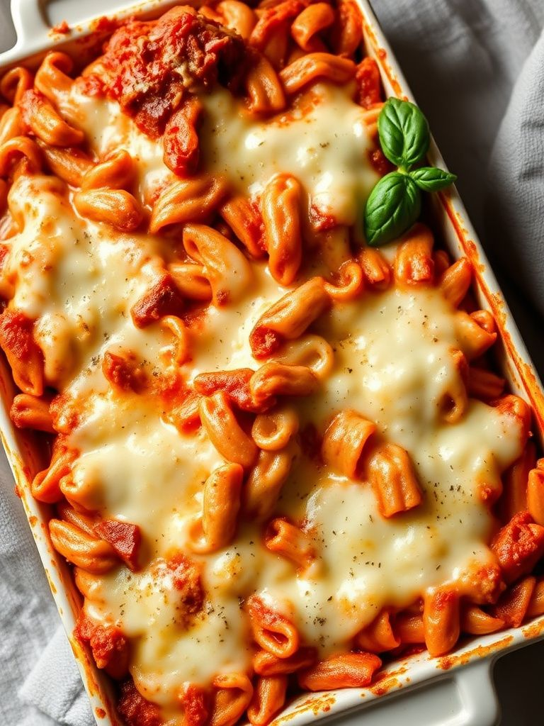 Cheesy baked ziti with melted mozzarella on top in a rectangular baking dish