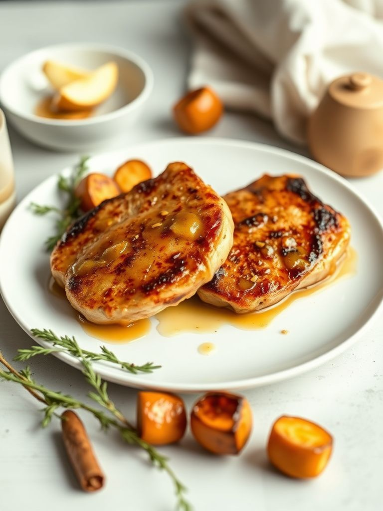 Golden brown pork chops with honey mustard glaze on a white plate with roasted vegetables