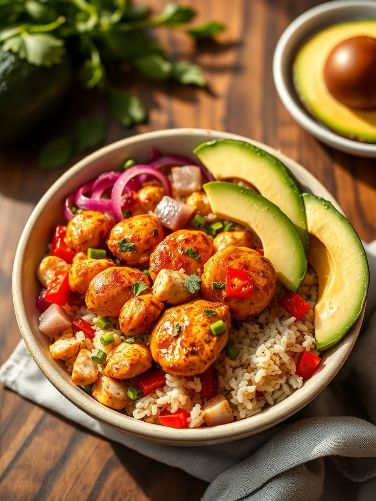 Colorful bowl with seasoned chicken, peppers, onions, rice, and avocado slices