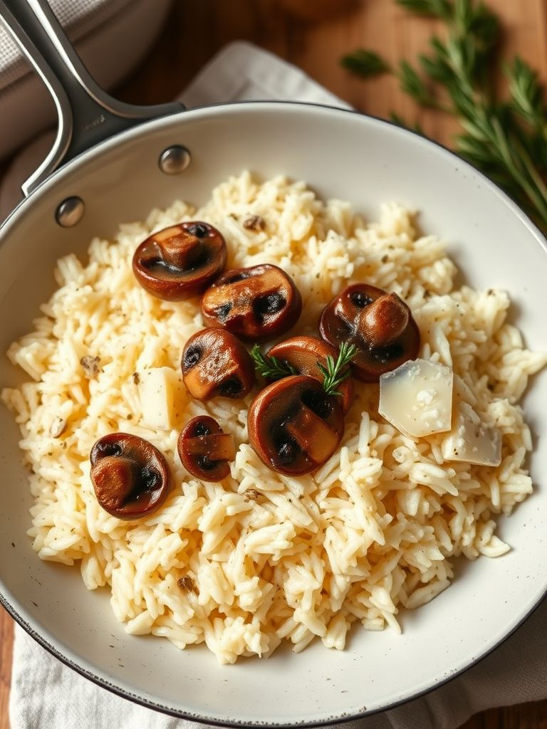 Creamy arborio rice with mushrooms and parmesan cheese in a wide, shallow pan