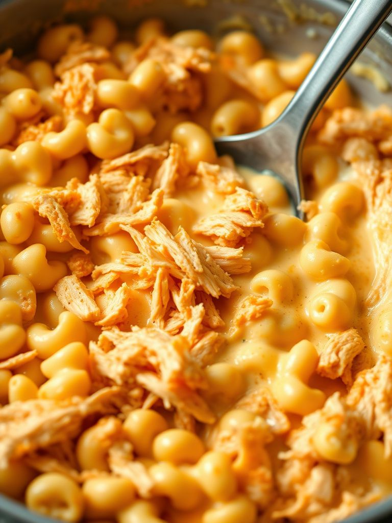 Creamy mac and cheese mixed with shredded buffalo chicken in a casserole dish