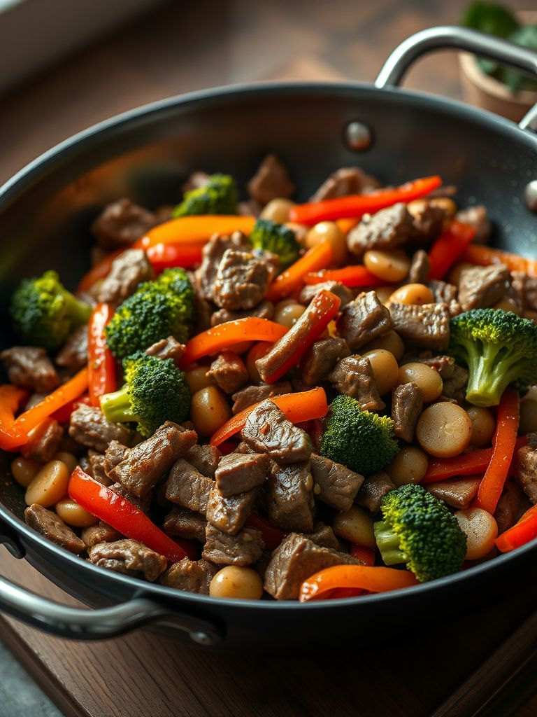 Colorful stir-fry with beef strips, broccoli, and bell peppers in a large wok