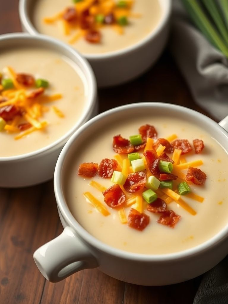 Creamy potato soup topped with bacon, cheese, and green onions in white bowls