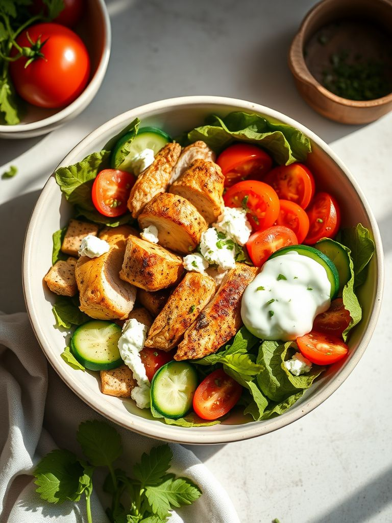 Greek-inspired bowl with seasoned chicken, cucumber, tomatoes, feta, and tzatziki sauce