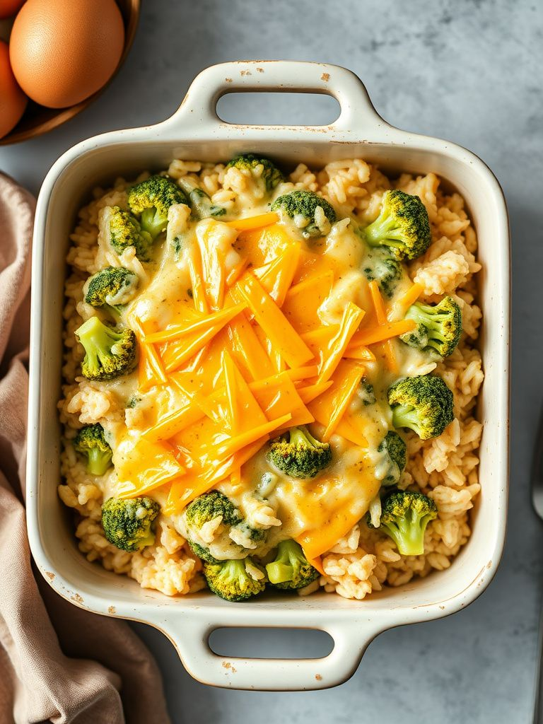 Creamy rice and broccoli casserole with melted cheese on top in a square baking dish