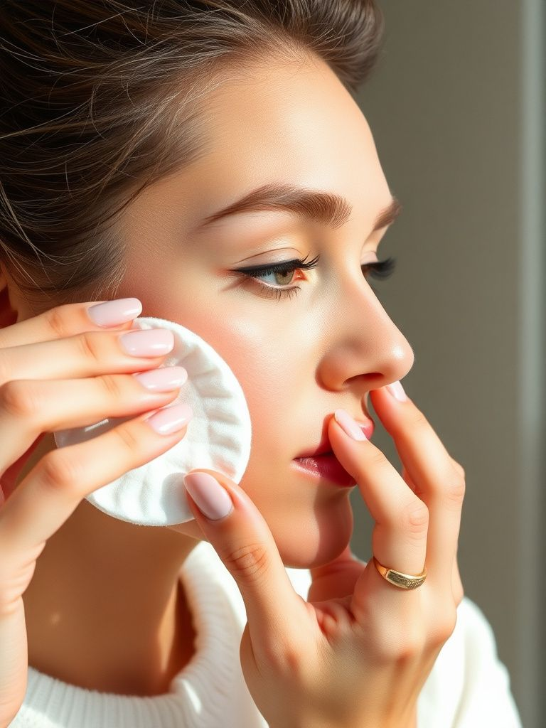 Applying toner with cotton pad to face
