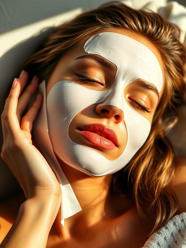 Woman relaxing with hydrating sheet mask on face