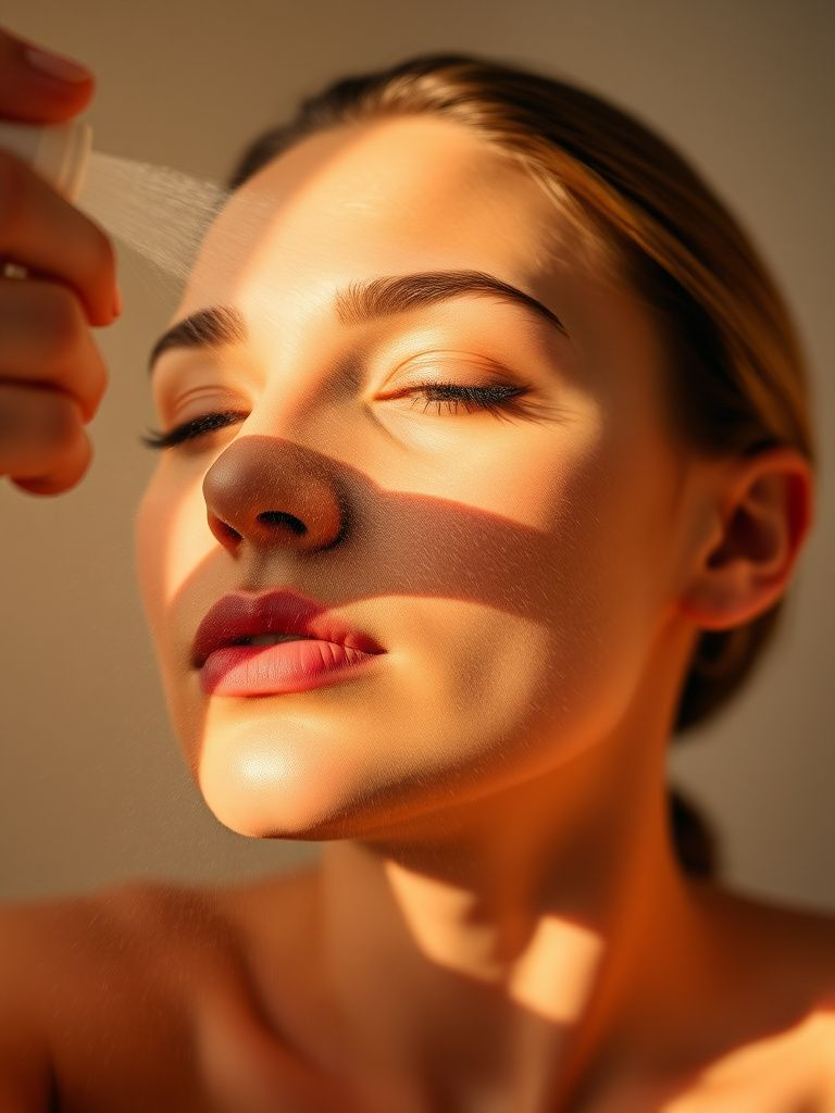 Fine facial mist being sprayed onto glowing skin