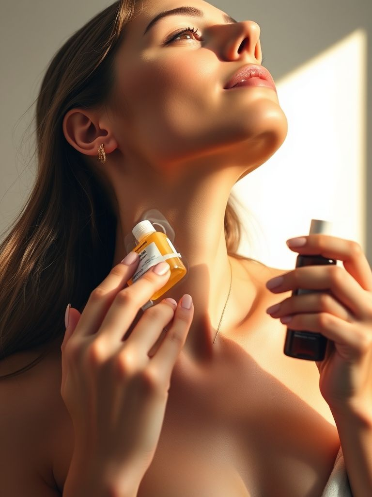 Applying skincare products to neck and chest area