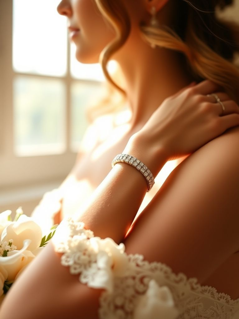 sparkling diamond tennis bracelet on bride's wrist