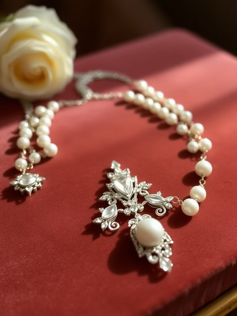 ornate crystal and pearl bridal necklace displayed on velvet