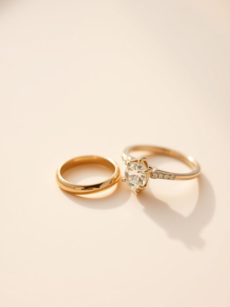 simple gold band ring next to engagement ring