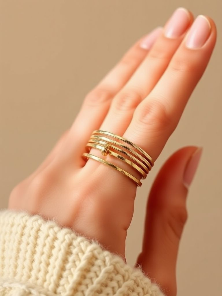 multiple thin gold rings stacked on fingers