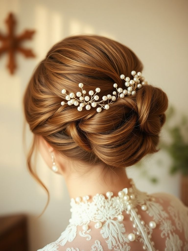 scattered pearl hair pins in bridal hairstyle