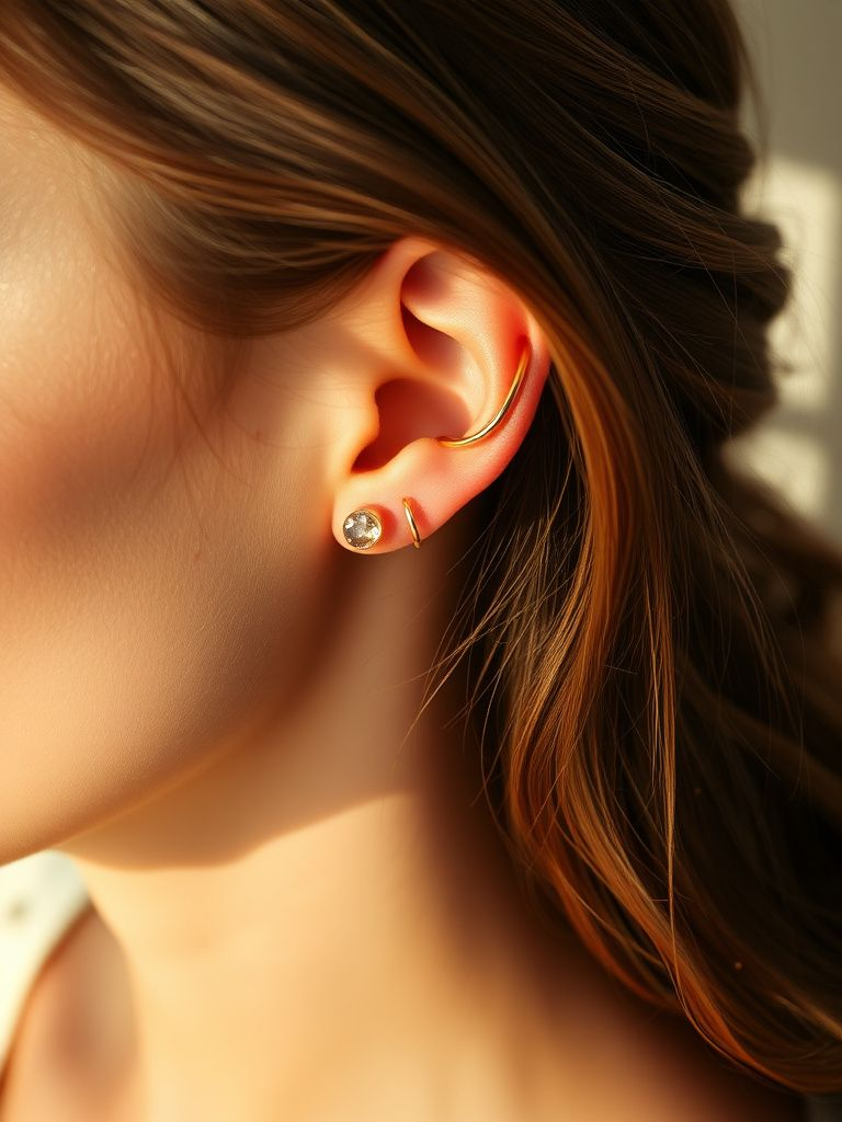 modern gold ear cuff on bride's ear