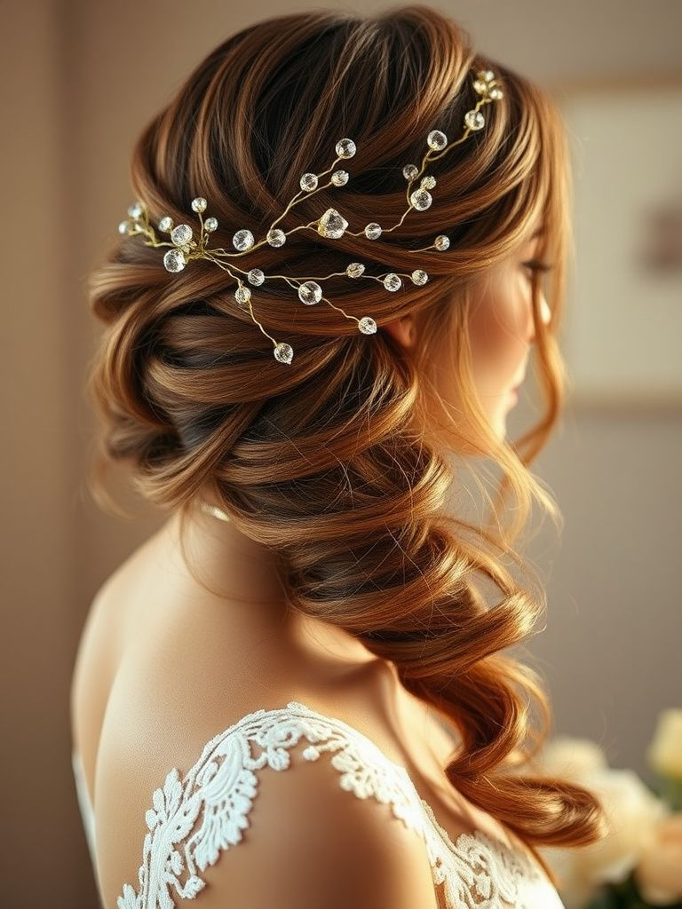 flowing crystal hair vine woven through bridal hairstyle