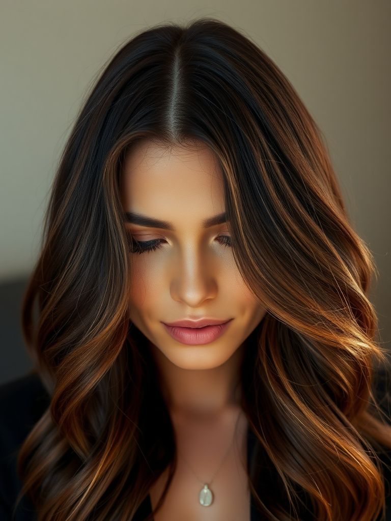 Rich chocolate brown hair with subtle mocha balayage highlights