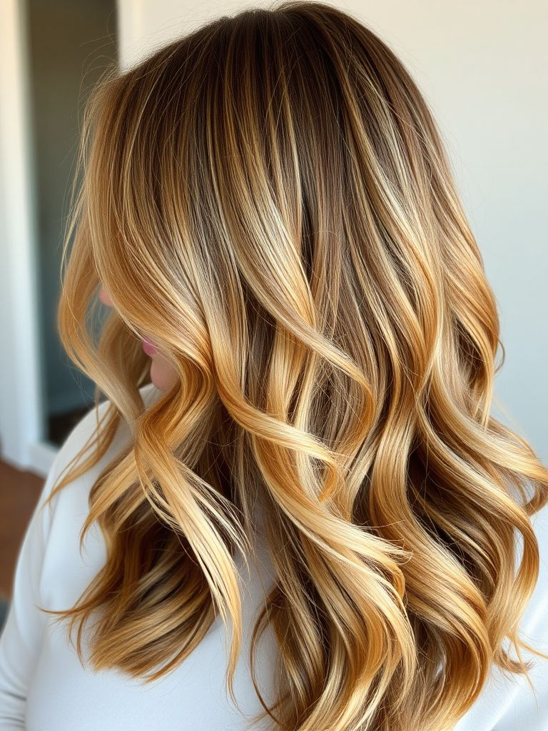 Honey blonde balayage on medium brown hair with beach waves