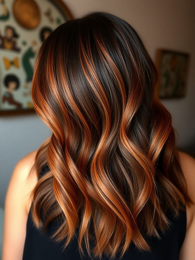 Vibrant copper penny balayage highlights on dark brunette hair