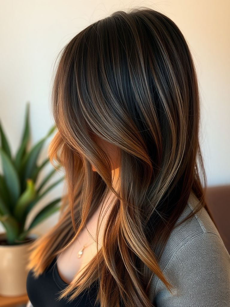 Cool-toned ash brown balayage on dark hair with straight styling