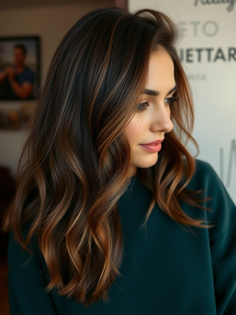 Rich espresso brown hair with warm toffee balayage accents