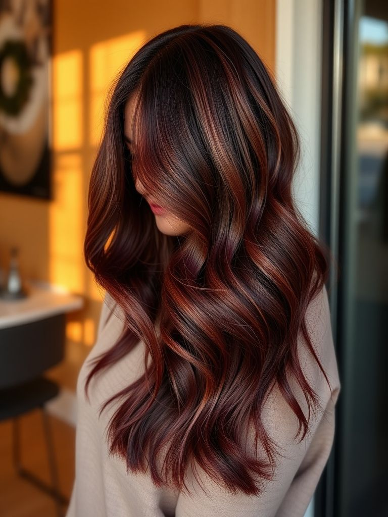 Deep burgundy wine balayage highlights on dark brown hair