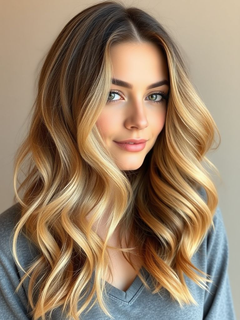 Golden wheat balayage highlights on light brown hair with soft waves