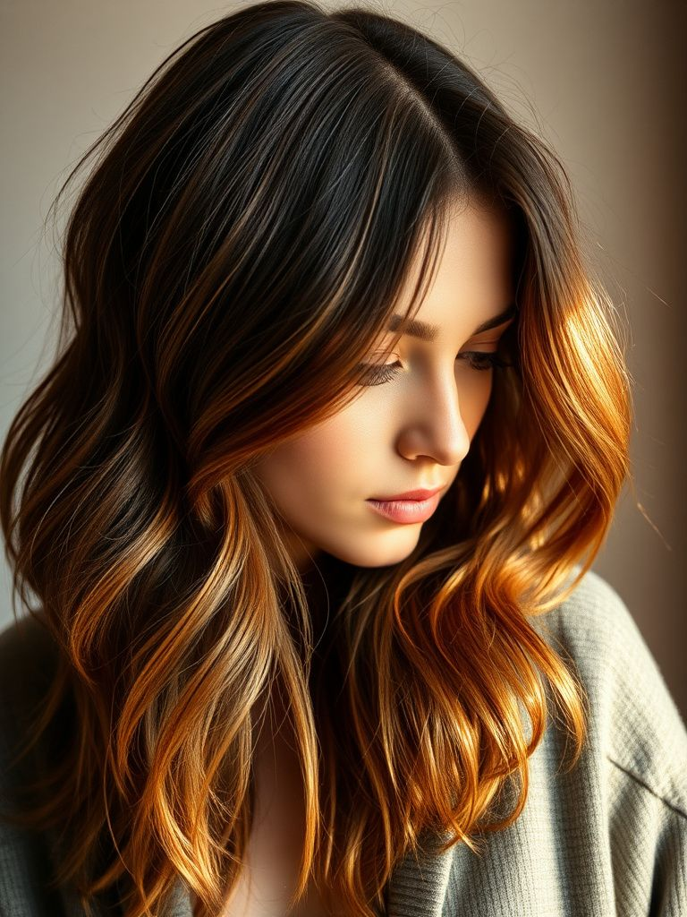 Warm chestnut highlights balayage on medium brown hair