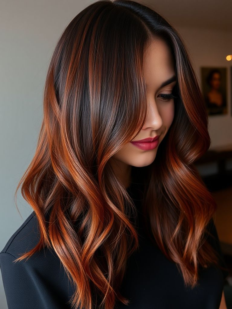 Rich mahogany red balayage on dark brown hair with glossy finish