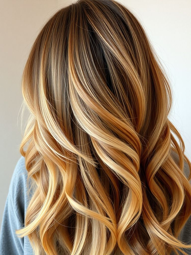 Creamy butterscotch balayage swirls through medium brown hair