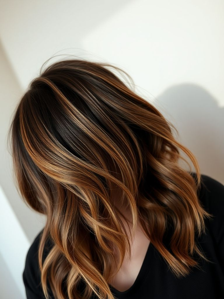 Cool-toned brunette balayage with ashy highlights on dark hair