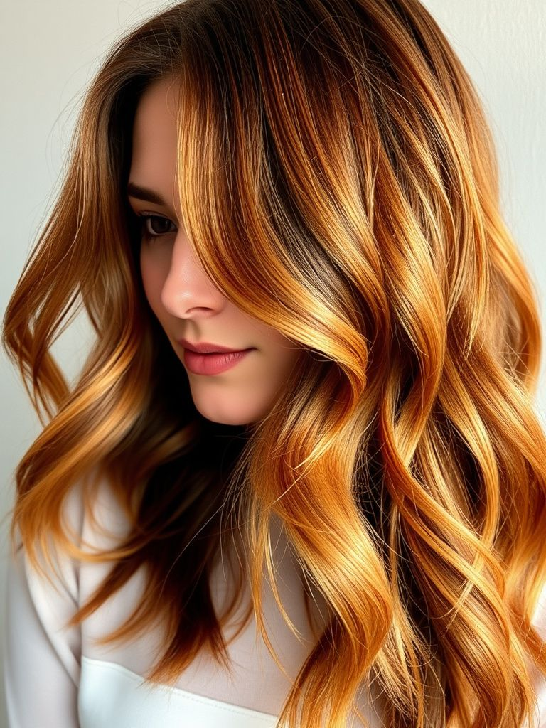 Warm cinnamon spice balayage highlights on medium brown hair