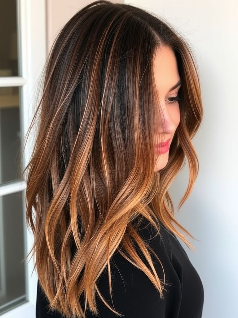 Subtle rose gold balayage tones on dark brunette hair