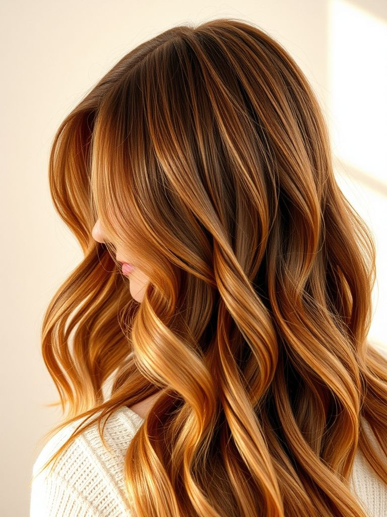 Caramel blonde ribbon highlights woven through medium brown hair
