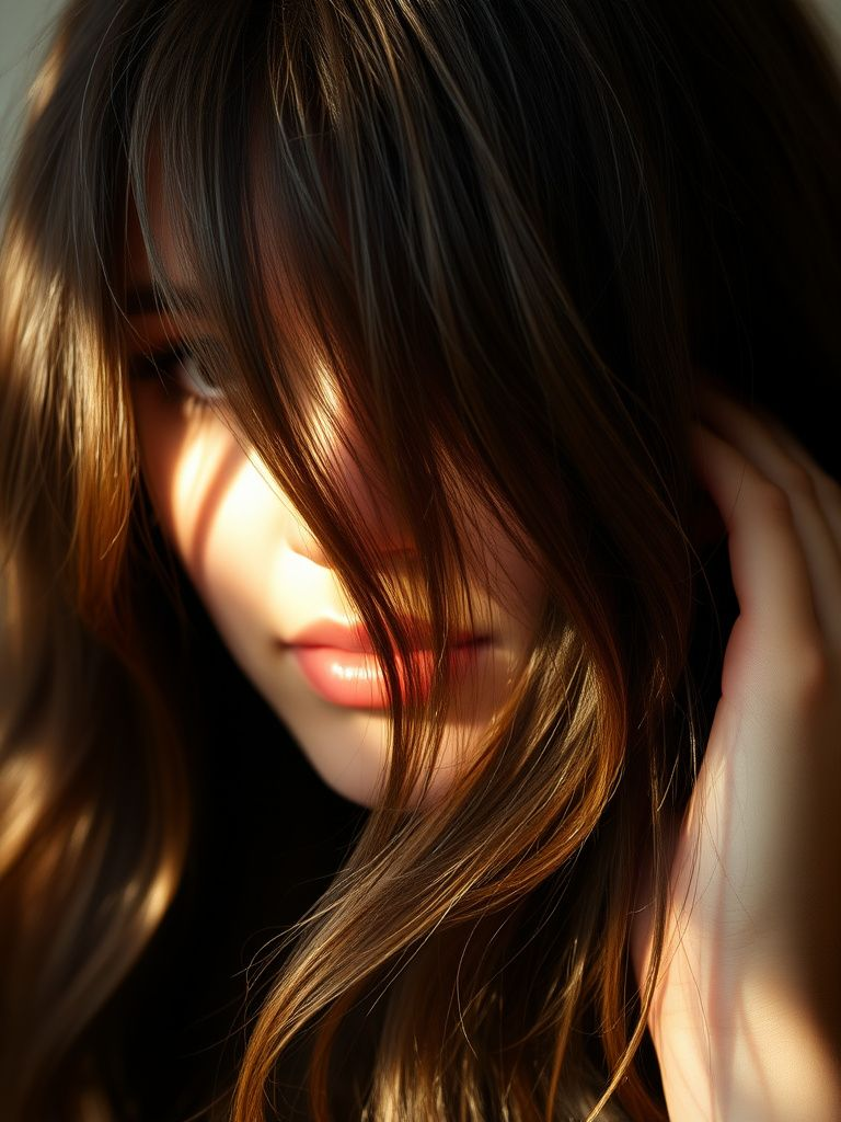 Delicate blonde face-framing highlights on dark brown hair