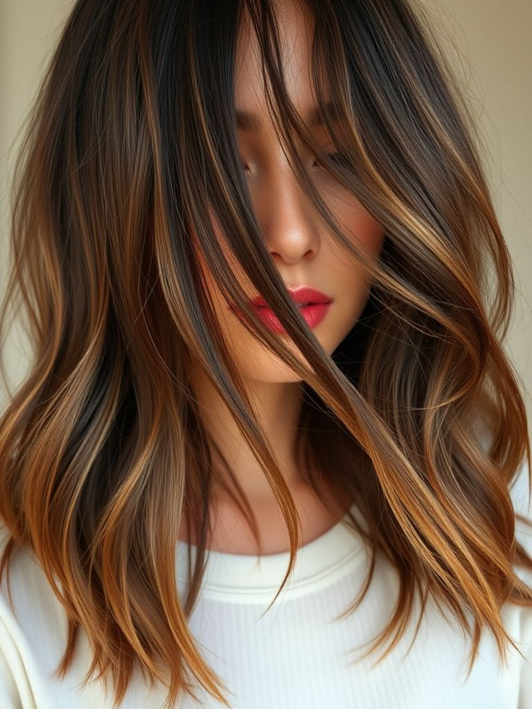 Champagne blonde peek-a-boo highlights hidden underneath dark brown hair