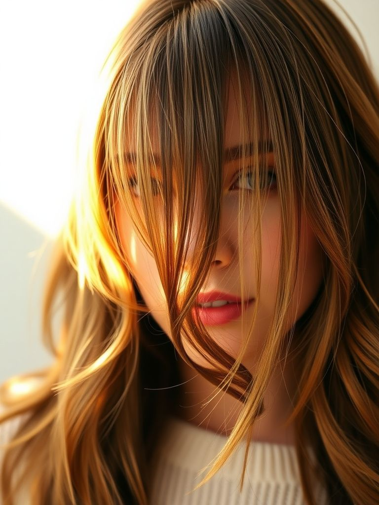 Bright blonde money piece highlights framing the front sections of brown hair