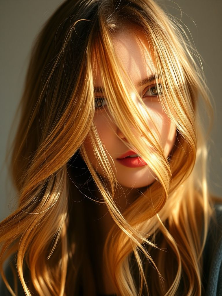 Fine buttery blonde babylights delicately woven through chestnut brown hair