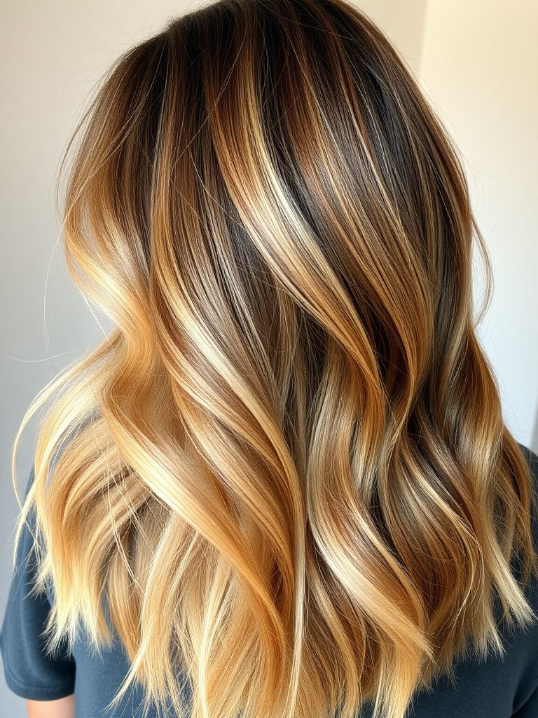 Golden blonde highlights seamlessly blended with brown hair for a bronde effect