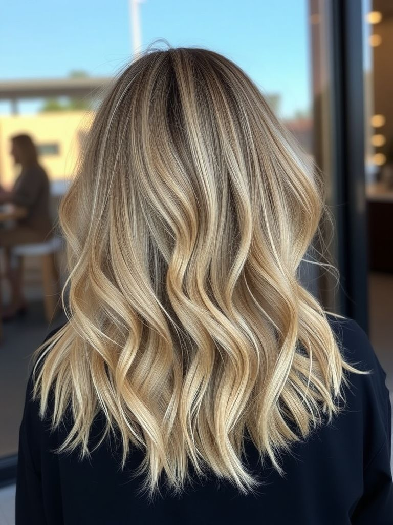Vanilla blonde ombré transitioning from dark brown roots to light blonde ends