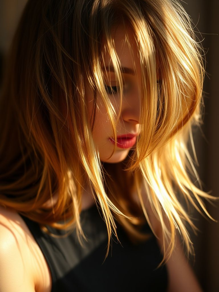 Warm wheat blonde highlights scattered throughout medium brown hair