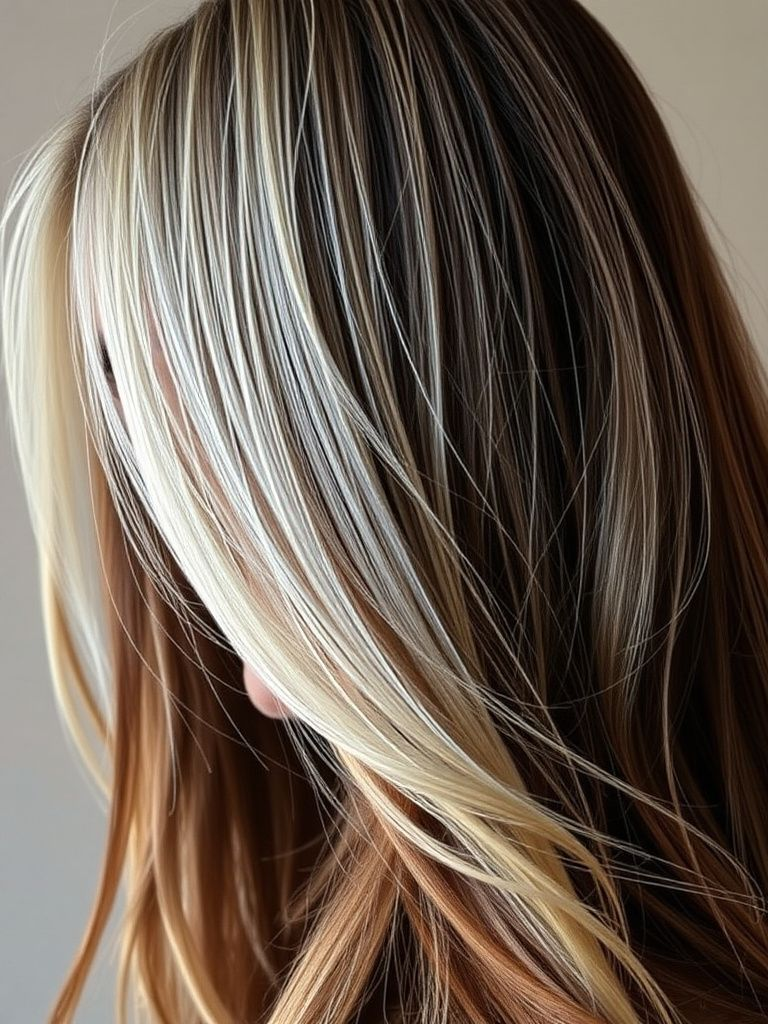 Bold platinum blonde streaks creating high contrast against dark brown hair