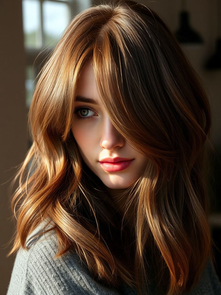 Traditional foil highlights creating dimension throughout brown hair